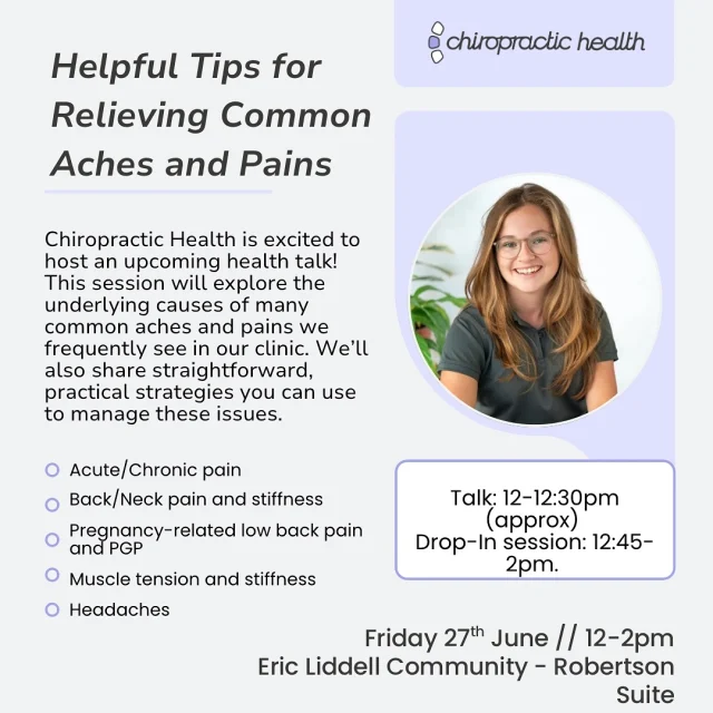This Friday!⁣ 🙌🙌🙌
⁣
Join us at the wonderful @ericliddellcommunity on Friday, 27th June, from 12:00 to 2:00 PM as we dive into all things chiropractic and musculoskeletal health.
⁣
We’ll be giving a short talk from 12:00 to 12:30 PM, packed with practical tips and advice to help you manage aches and pains at home 💪. This session is completely free, and we hope to provide helpful strategies to improve how you move and feel. 
⁣
From 12:45 PM onwards, we’ll be available to chat, answer your questions, and offer friendly support. Feel free to drop by — we’d love to see you there! 💜
